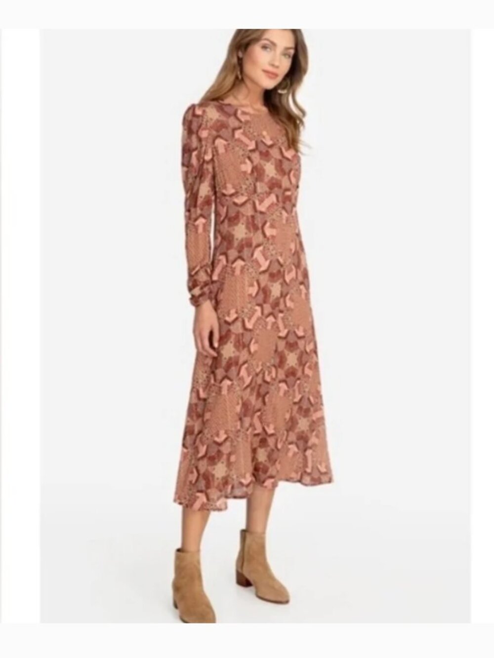 Johnny Was DONOVAN Long Sleeve Pink and Brown Printed Midi Dress